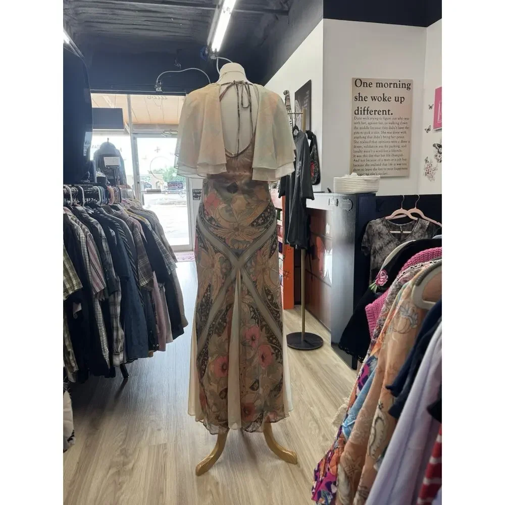 Free People Fairy Combo Floral Chiffon Maxi Dress Pink Flutter Sleeve Size M